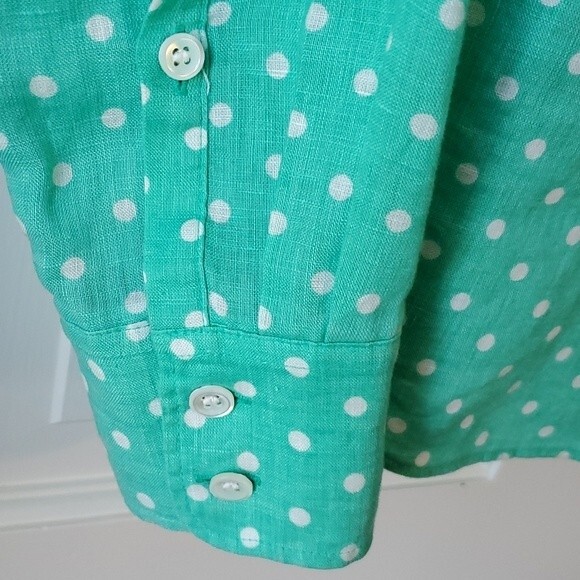 J. CREW PERFECT LINEN BUTTON UP SHIRT POLKA DOT AQUA BLUE GREEN WHITE SIZE 2 - Picture 6 of 9